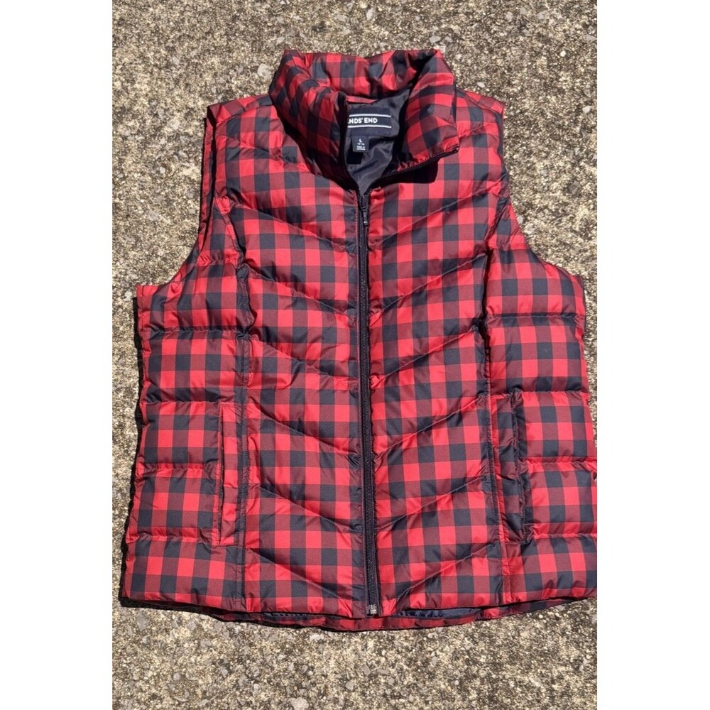 Lands End Buffalo Plaid Puffer Vest Red Womens Large Goose Down Quilted Zip Up